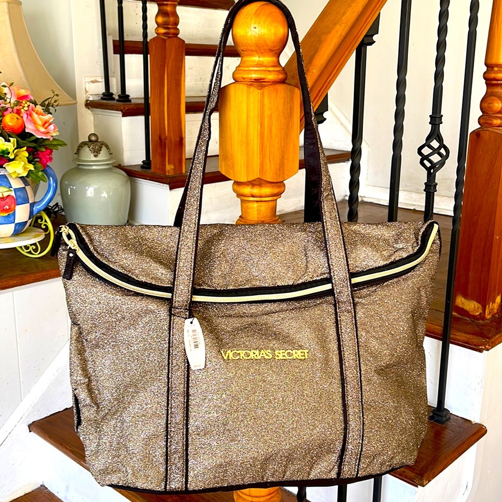 NWT Victoria’s Secret gold glitter foldover tote